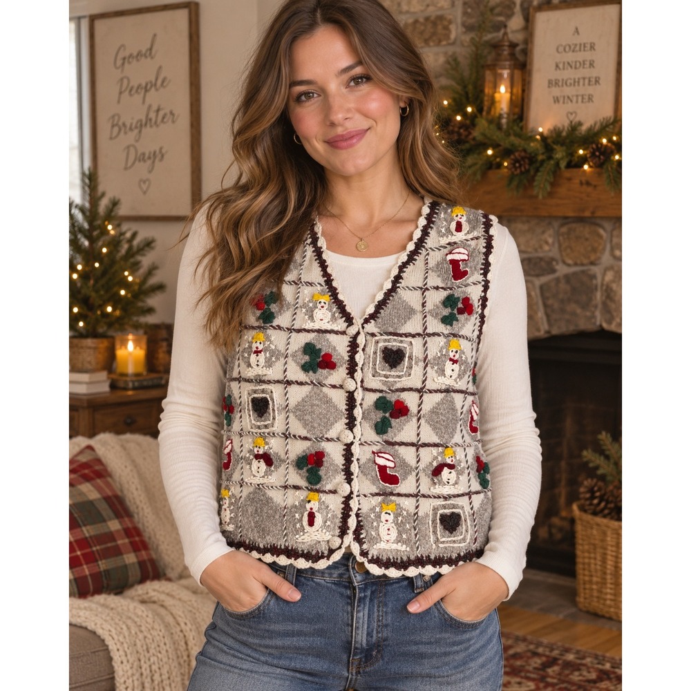 Eagle's Eye Sweater Vest Grey Holiday Snowman Embroidery Cotton 2X